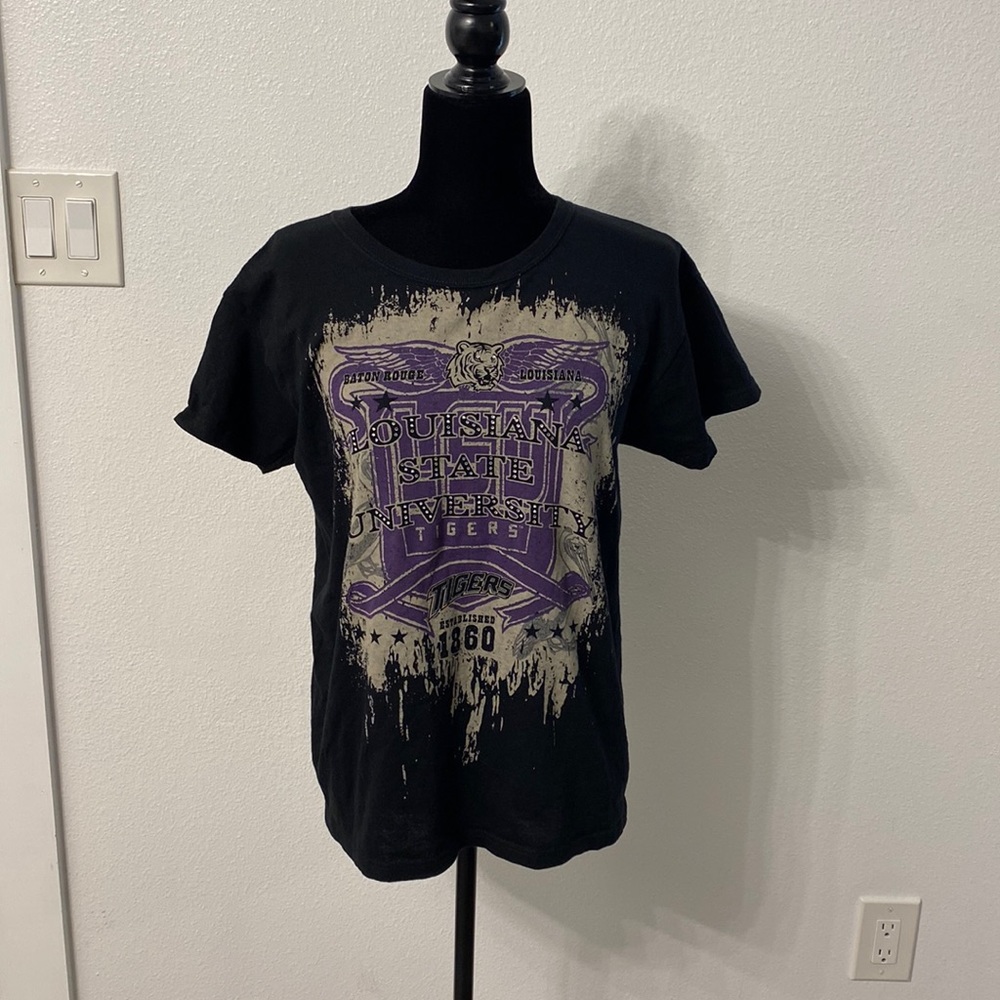 Black Purple Tan Rhinestone Louisiana State University Tigers Tee (no size tag)